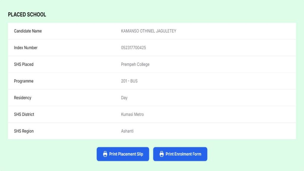 TVET/SHS placement results